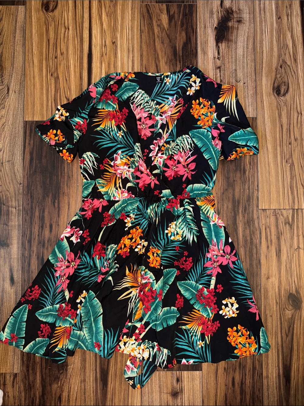 SHEIN Black Tropical Floral Wrap Dress with Pink & Green Accents